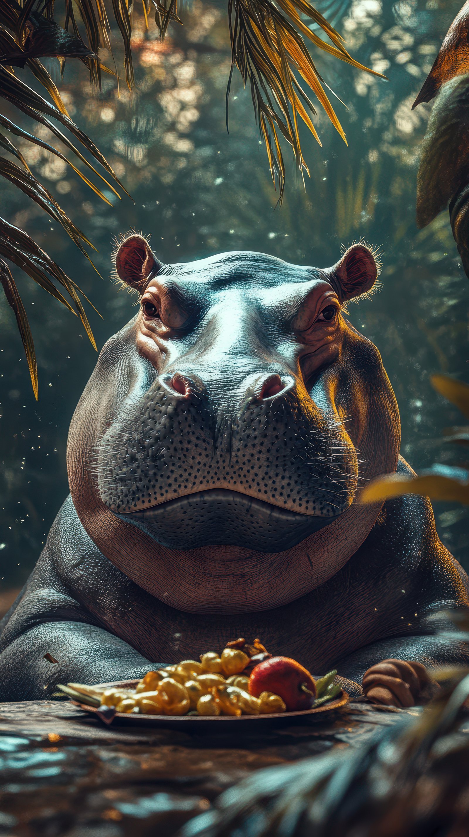 Majestic hippo resting in lush habitat during golden hour with fruit meal nearby